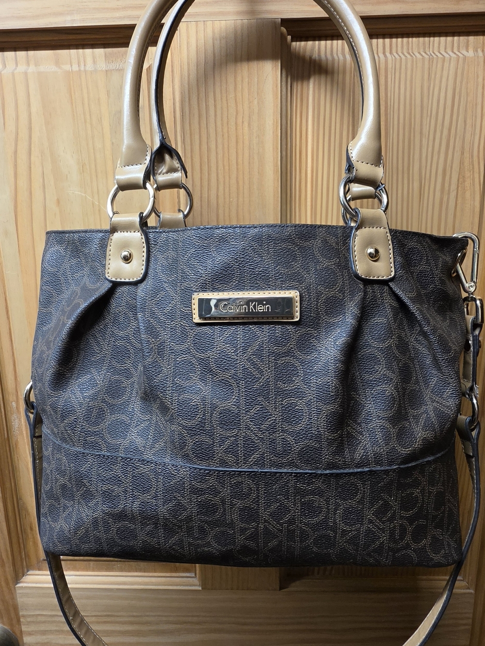 Calvin Klein Brown Logo Tote Bag with Tan Handles